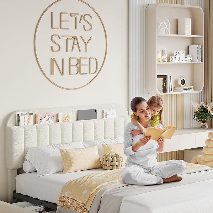Garvee Queen Size Bed Frame with 2 Flexible Drawers, Boucle Upholstered Platform Bed Frame with Bookcase Headboard, Bedframe for Kids/Girls, Easy Assembly, No Box Spring Needed, Noise Free, Beige