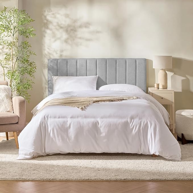 Hearth & Harbor Upholstered King Headboard - Easy Assemble Channel Stitched Headboard King Size Bed - Wall Mounted Headboards with 3D Soundproof Wall Panels Peel & Stick Floating Headboards, Silver