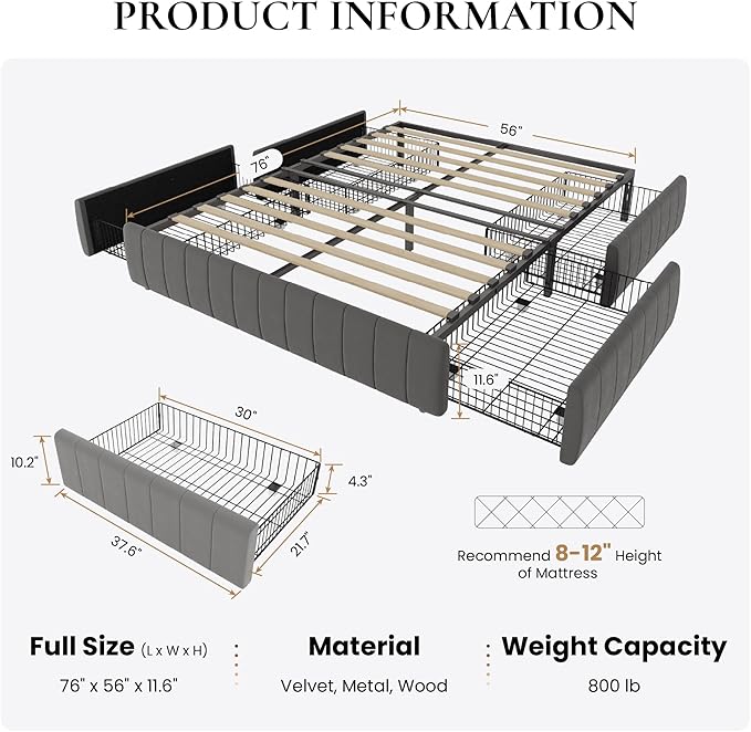 SHA CERLIN Full Size Velvet Upholstered Platform Bed Frame with 4 Storage Drawers, Vertical Channel Tufted, Low Profile, Fits Standard Headboards, Wooden Slats Support, Easy Assembly, Grey