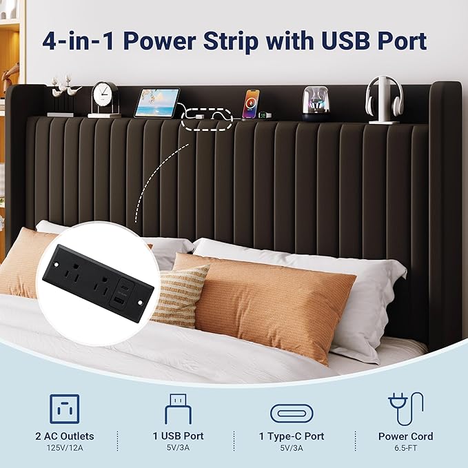 Allewie King Size Lift Up Storage Bed Frame,Storage Shelf Headboard with Charging Station,Type-C and USB Ports,Hydraulic Support,Velvet Upholstered Bed Frame,No Box Spring Needed,Black