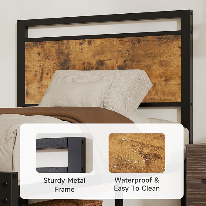Z-hom Upgraded Twin Bed Frames, Heavy Duty Metal Sturdy Bed Frame Twin Size with Modern Wood Headboard & Footboard, Stable Platform Bed Furniture Bed Storage, No Noise, No Box Springs, Vintage Brown