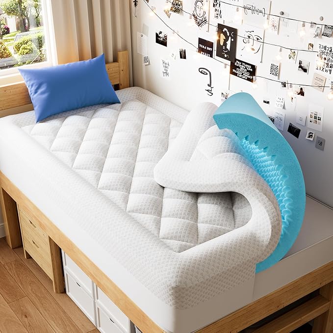 PERLECARE Twin XL Mattress Topper 4 Inch, Plush Support for College Dorm Room Essentials, 2.5 Inch Soft Cooling Gel Memory Foam Plus 1.5 Inch Pillow Top Cover