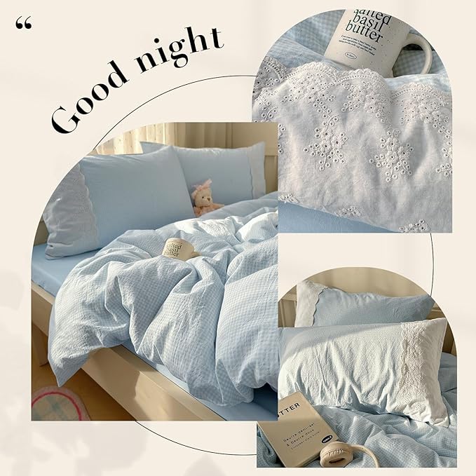 mixinni Blue Gingham Duvet Cover Twin Size - 3 Piece Cottagecore Plaid Bedding Set with Lace Trim, Soft Washed Microfiber Vintage Aesthetic Grid Comforter Cover & Pillow Shams, (Blue White Gingham)
