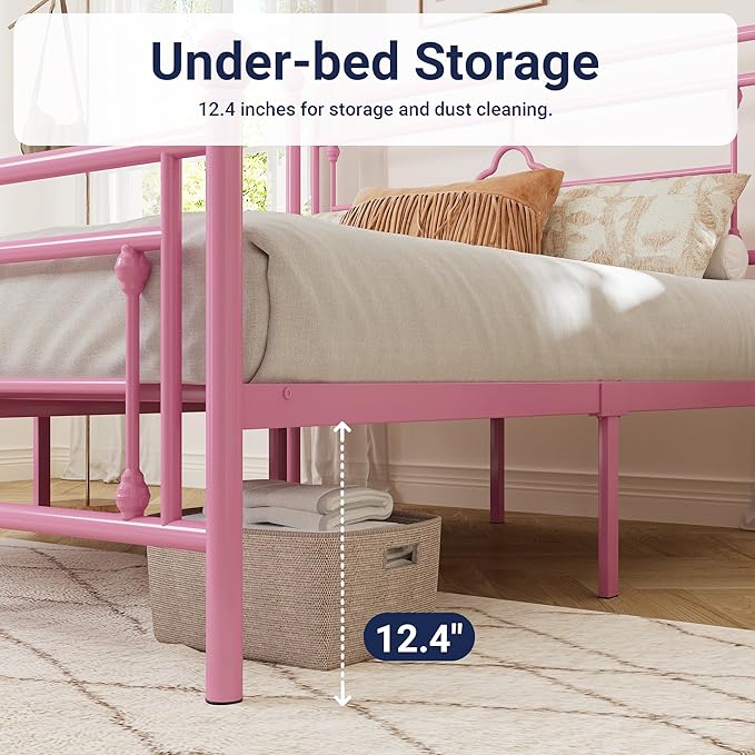Allewie Queen Size Metal Platform Bed Frame with Victorian Vintage Headboard and Footboard/Mattress Foundation/Under Bed Storage/No Box Spring Needed/Noise-Free/Easy Assembly, Pink