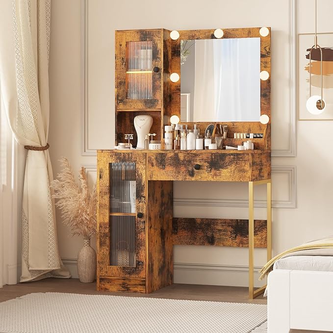 IDEALHOUSE Makeup Vanity Desk with Mirror and Lights, Vanity Table with Charging Station, 2 Open Compartments, 2 Acrylic-Door Cabinets, and RGB Lights Wood Dressing Table for Bedroom