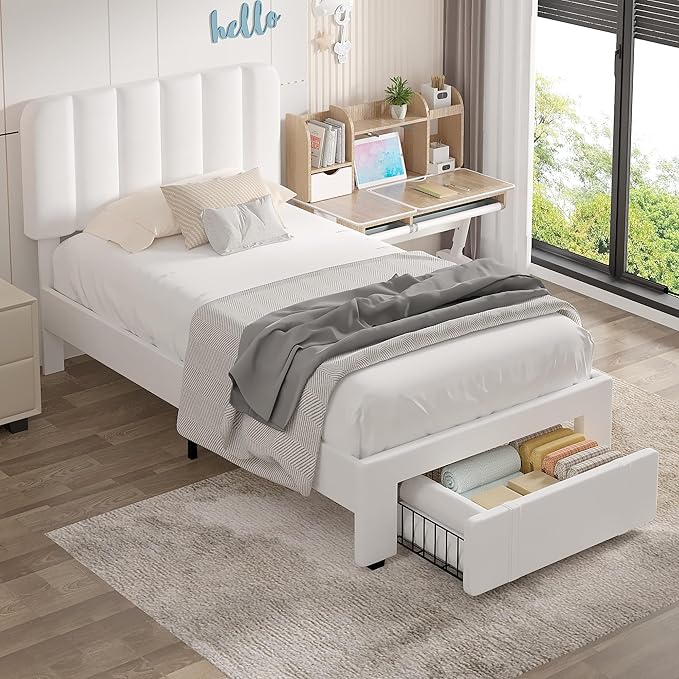 VECELO Twin Size Upholstered Bed Frame with 4 Drawers and Headboard, Velvet Platform Storage Bedframe, Wooden Slats Support, No Box Spring Needed,White