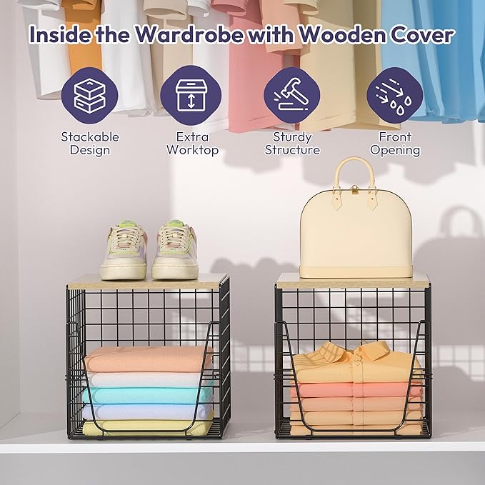 SWTYMIKI 2PCS Closet Organizers and Storage - Stackable Closet Basket with Wood Top Shelf, Clothes Storage Shelves, Clothes Drawer Bins for Wardrobe, Bedroom, Entryway, Black