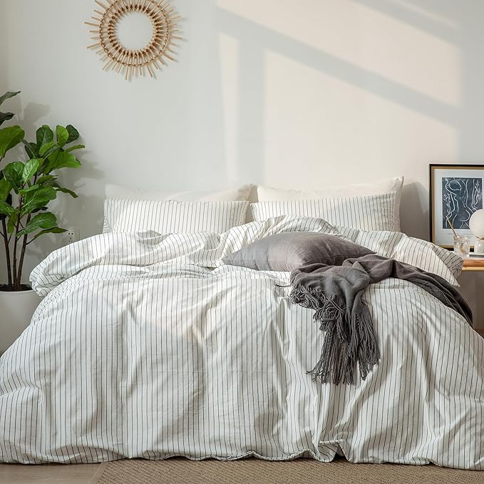 MooMee Striped Duvet Cover Set 100% Washed Cotton Linen Like Textured Breathable Durable Soft Comfy (White Dark Grey Wide Stripes, Super King Plus 120"x120")