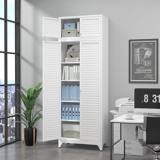 SteeLoong Kitchen Pantry Cabinet,90" Metal Storage Cabinet with Doors and 4 Adjustable Shelves,White Tall Locker Organizer Steel Garage Cabinets for Tool,File Cabinet for Office,Kitchen,Garage,School