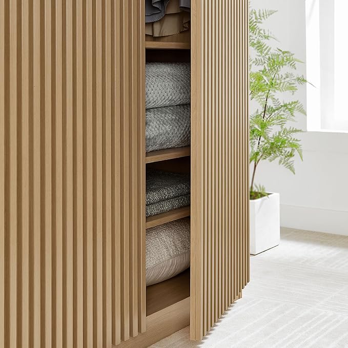 Modway Render Mid Century Modern Wardrobe Armoire Closet in Oak w/Vertical Slatted Doors - 71Inch Freestanding Closet w/Adjustable Shelves & Hanging Rods - Tall Bedroom Storage Cabinet
