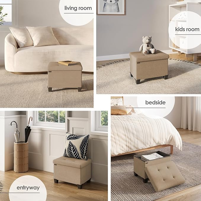 Storage Ottoman Cube with Small Bin, 16-in Square Ottoman with Storage for Living Room and Bedroom, Small Ottomans Foot Rest, Fabric Foot Stools Ottomans Max 330lbs, Taupe