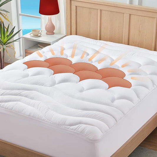 ELVEN HOME Queen Mattress Pad for Back & Hip Pain Relief, Pillow Top Cooling Bed Topper Quilted Fitted, Hotel Quality Deep Pocket Soft Queen Mattress Protector Cover Washable (60x80 inch, White)