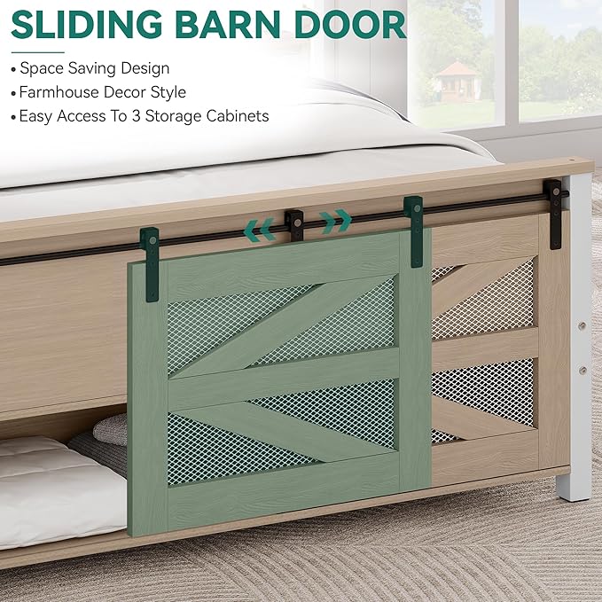 YITAHOME Queen Size Farmhouse Bed Frame with Sliding Barn Door Storage Cabinets, Platform Bed Frame with 47.2" Headboard, Solid Metal Slats Support, Noiseless, No Box Spring Needed, Oak