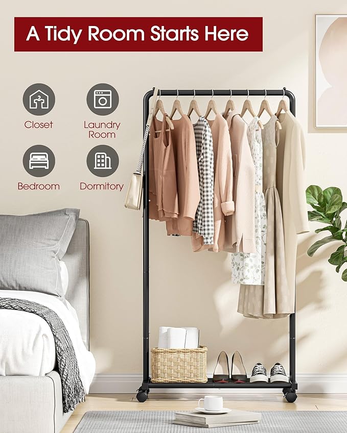 Sakugi Clothes Rack - Clothing Rack with Storage Mesh Shelf & Casters, Heavy-Duty Metal Clothing Rack for Hanging Clothes, Dresses, Coats, Large Load Capacity, Easy Assembly, Black, 28.0"x16.9"x59.0"