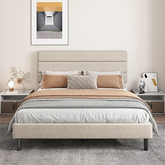 Queen Platform Bed Frame with Adjustable Linen Fabric Upholstered Headboard, Strong Slats Support, Noise-Free, No Box Spring Required, Easy Assembly for Bedroom Guest Room, Beige