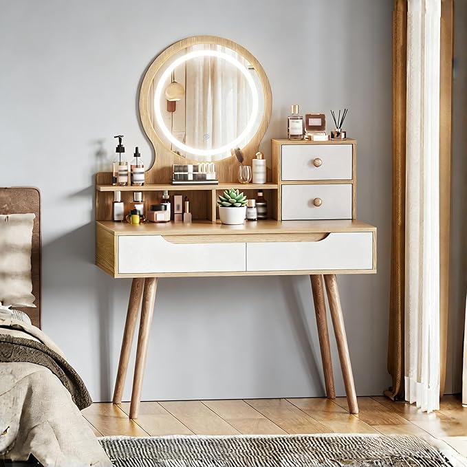 Casaphoria Makeup Vanity Desk with LED Mirror & Storage, 31.5 Inch Dressing Table with 4 Drawers, 3 Open Shelves, Solid Wood Legs for Bedroom, Small Space Vanity Table