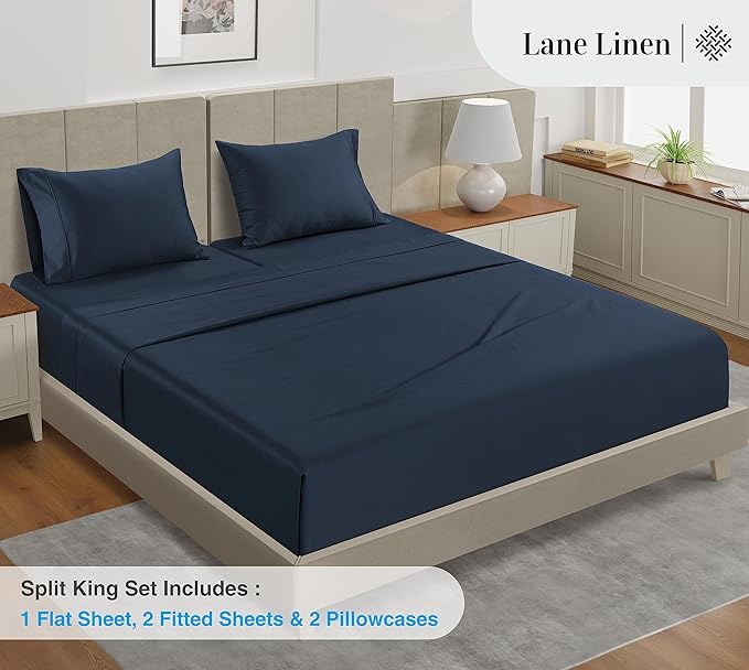 LANE LINEN Split King Sheet Sets for Adjustable Beds - 5 PCs, 450 Thread Count Split King Sheets Set - Sateen Weave King Split Sheets - Split Top King Sheets Set for Adjustable Bed - Estate Blue
