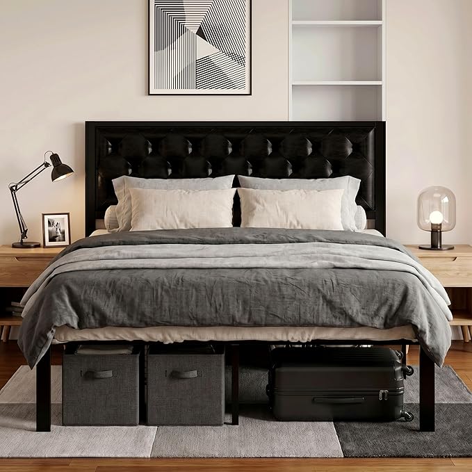 SHA CERLIN Queen Size Metal Platform Bed Frame, PU Leather Upholstered Button Tufted Headboard, Mattress Foundation with 12.4” Under-Bed Storage, Noise-Free, Easy Assembly, No Box Spring Needed, Black