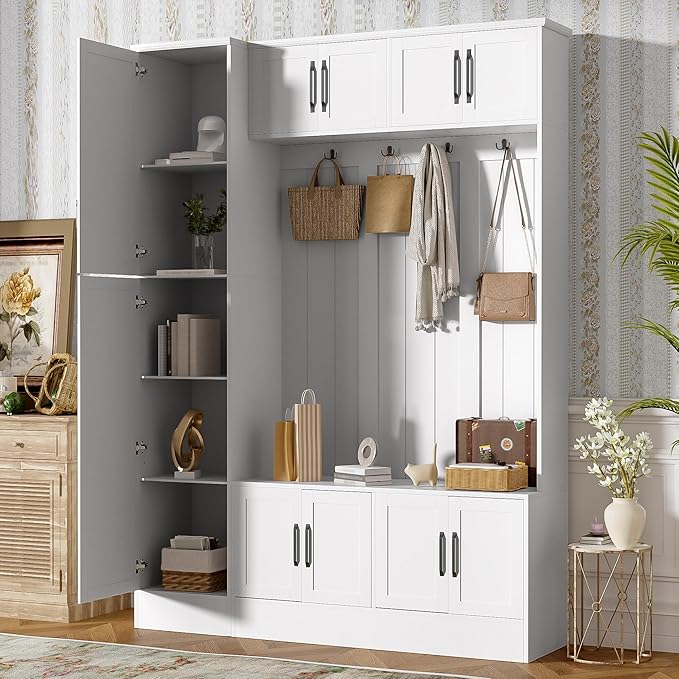 Merax Farmhouse Wood Hall Tree with Shoe Bench & 6 Cabinets, 4-in-1 Coat Rack with 4 Hooks & Adjustable Shelves, Entryway Storage Organizer Cabinet for Entrance, Hallway, Mudroom White