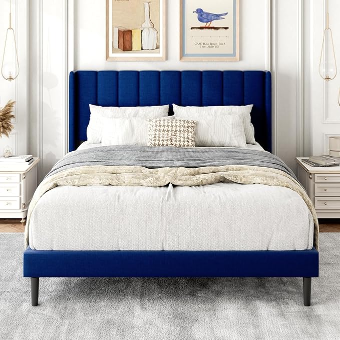 Gruwans Full Size Bed Frame with Upholstered Wingback Headboard, Easy Assemnly Platform Bed, Wooden Slat Support No Box Spring Needed, Navy Blue