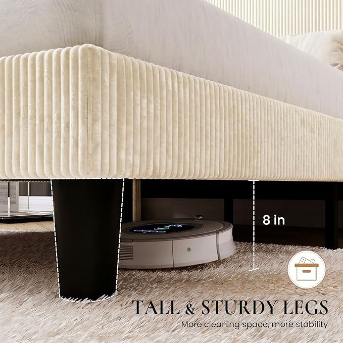 SHA CERLIN King Size Corduroy Upholstered Platform Bed Frame with Vertical Channel Tufted Wingback Headboard, 8" Under Bed Storage, Wooden Slats and Metal Frame Support, Easy Assembly, Cream