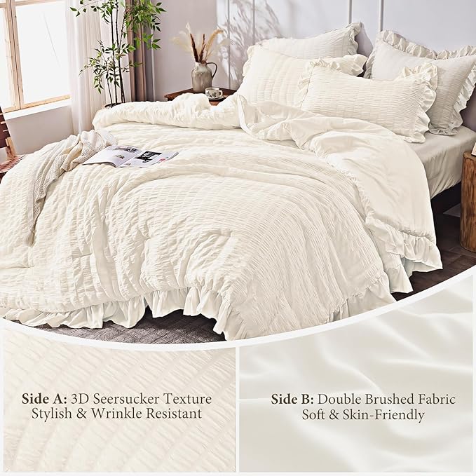 JOLLYVOGUE Ivory Twin Size Comforter Set, 2 Pieces Seersucker Lightweight Fluffy Bedding Set, Twin Ruffle Comforter, All Season Soft Microfiber Shabby Chic Bed Set