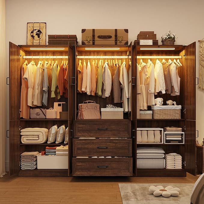 Hlivelood 75" Tall Farmhouse 6 Doors Armoire Wardrobe Closet with 3 Drawers and LED,Freestanding Closet Wardrobe Cabinet for Bedroom with Hanging Rod,Wooden Armoire Storage Cabinet(Brown 6 Doors 1)