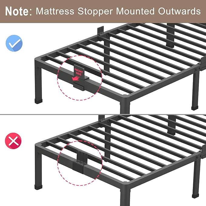 ROIL 18 Inch King Size Bed Frame with Mattress Slide Stopper - Double Black Basic Anti Squeak Steel Slats Metal Platform, Heavy Duty Noise Free Easy Assembly Bedframes, No Box Spring Needed