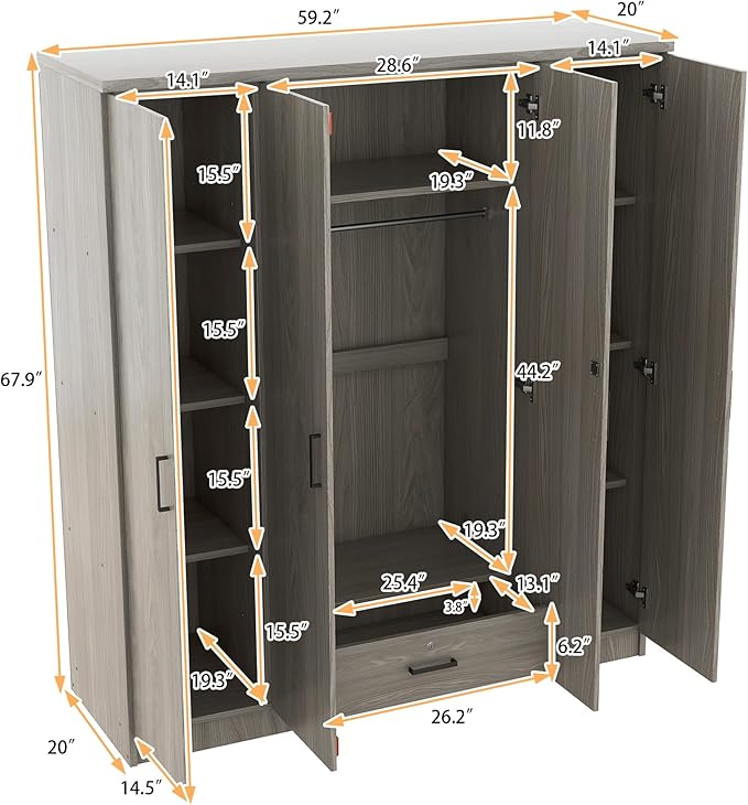 67.9" H Large Wardrobe Closet with 4 Doors, Freestanding Armoire Wardrobe Closet with Locking Drawer, Shelves and Hanging Rod, Wooden Bedroom Coat Closets Cabinet for Clothes, Gray