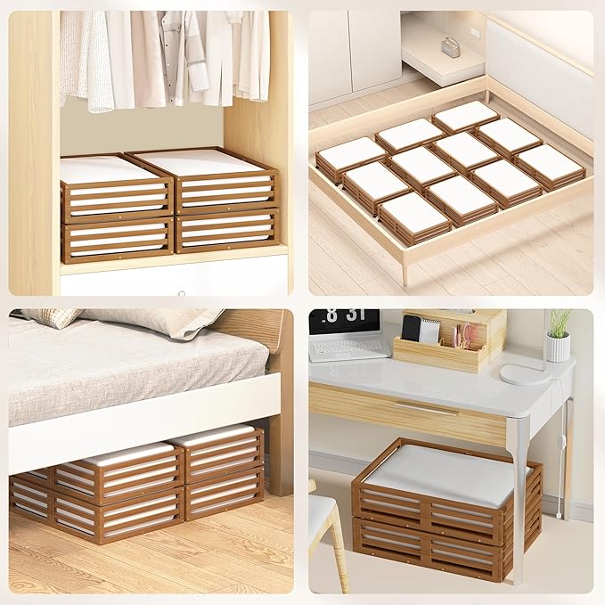 Wisuce Bamboo Under Bed Storage Containers- Underbed Organizer with Wheels with Dust Bag,Sturdy Wood Rolling Under the Bed Shoe Storage Organizer Drawers (Brwon, 2 Pack (23.62"×16.54"))