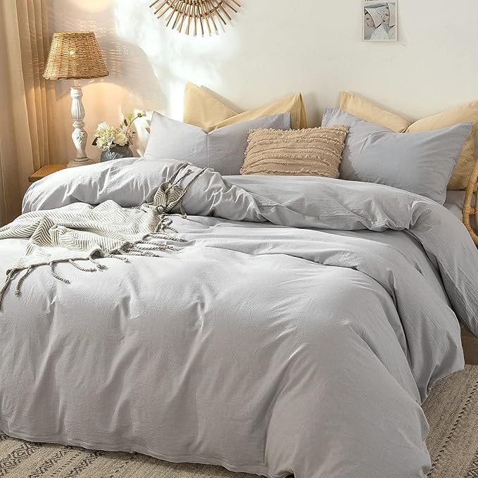 MooMee Bedding Duvet Cover Set 100% Washed Cotton Linen Like Textured Breathable Durable Soft Comfy (Lavender Grey, King)