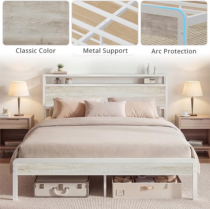 LIKIMIO Queen Bed Frame with Headboard, Wood Camas Queen with Strong Supports, Sturdy, Noise-Free, No Box Spring Needed, White Maple