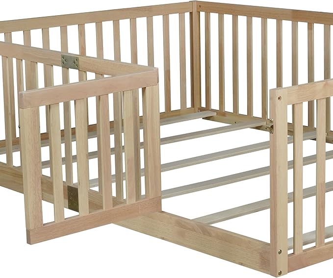 Bellemave Full Size Montessori Floor Bed with 21.5" High Rails, Rubber Wood Full Floor Bed with Slats and Door, Natural