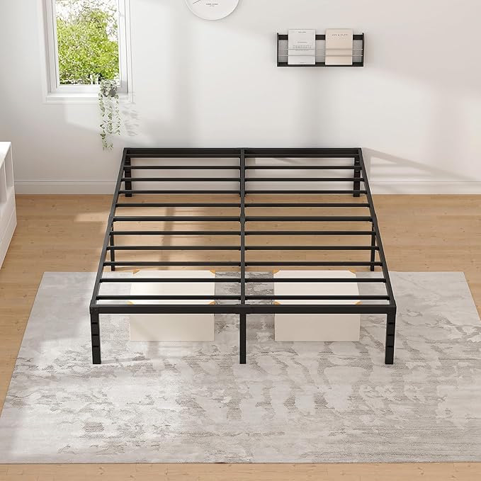 NEW JETO Metal Bed Frame,King Size Bed Frame with Storage Space,Heavy Duty Sturdy Mattress Foundation,Easy Assembly,No Box Spring Needed, Black,18 Inch,King