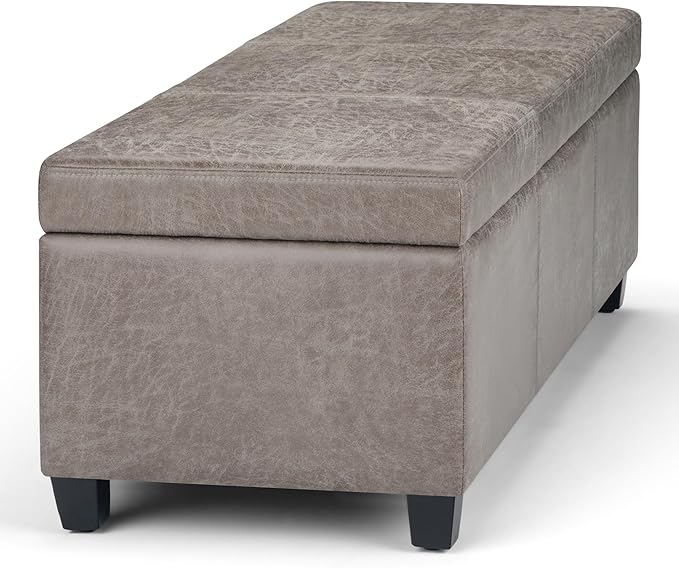 SIMPLIHOME Avalon Storage Ottoman Bench - 48" Wide x 16" High Upholstered Vegan Leather Rectangular Lift-Top Ottoman in Distressed Grey Taupe, Contemporary Bench for Living Room with High-Density Foam