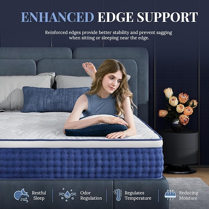 King Size Mattress, 12 Inch Hybrid Mattress King Size, Medium Feel Foam and Individual Pocket Springs, Extra Edge Support, Pressure Relief, CertiPUR-US, Blue