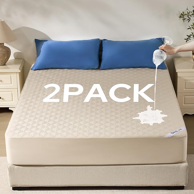 BEDLORE 2 Pack Waterproof Mattress Protector,King Size Mattress Pad Noiseless with Deep Pocket Fitted for 6"-18",Soft Breathable Dirt Proof Bed Mattress Cover Washable for Home, Bedroom,Hotel(Beige)
