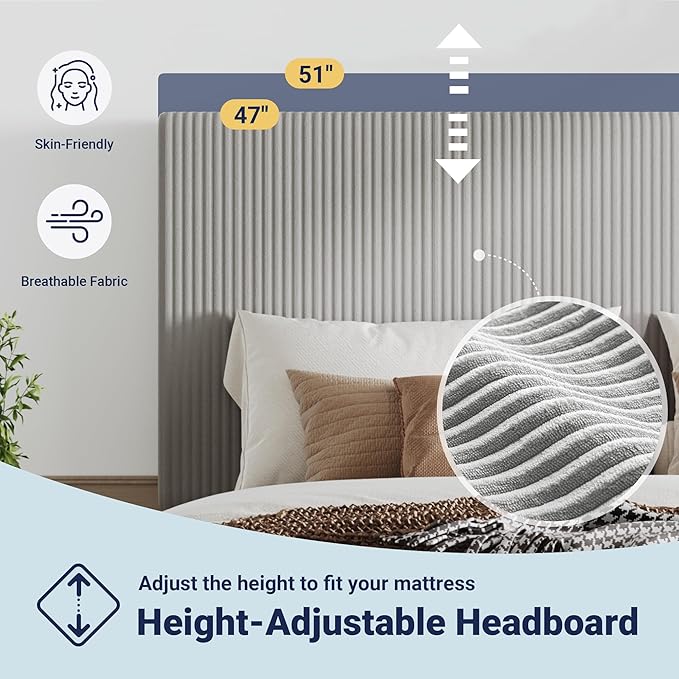 Allewie Full Size Upholstered Bed Frame with Vertical Channel Tufted Headboard, Soft Corduroy Fabric Platform Bed, Strong Wooden Slats Support, Easy Assembly, No Box Spring Needed, Light Grey