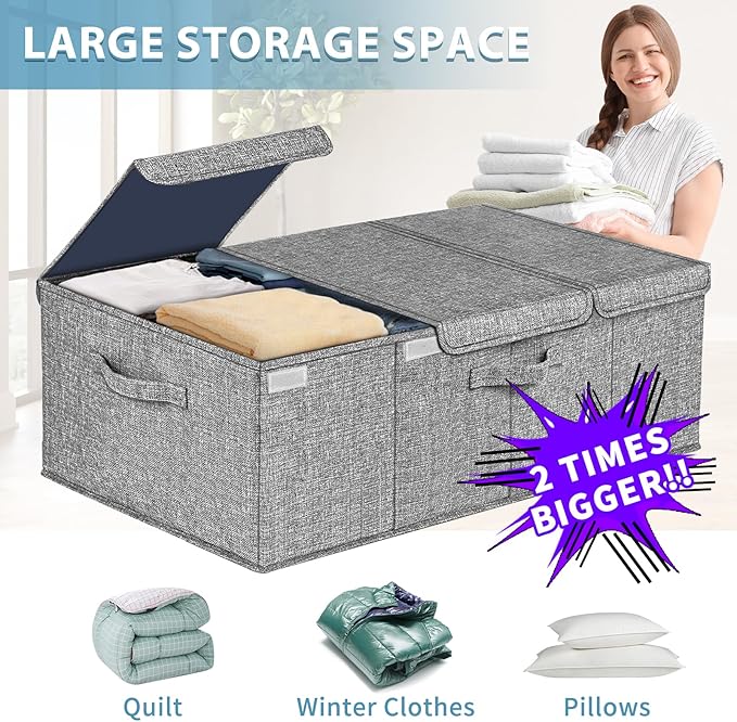 Deep Under Bed Storage Container, 10" Tall Height Underbed Box Bin with Lids 31" Long Large Basket for Under Bed, Bedroom, Dorms, Clothes, Bed sheets, Blankets, 2 Pack, Grey