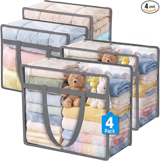 Budding Joy Clear Zippered Storage Bags for Clothes,40L Closet Organizers and Storage Containers Vinyl Moving Bag for Bedding, Linen, Blankets, Comforters, Clothing & Toys, Grey, 4 Pack
