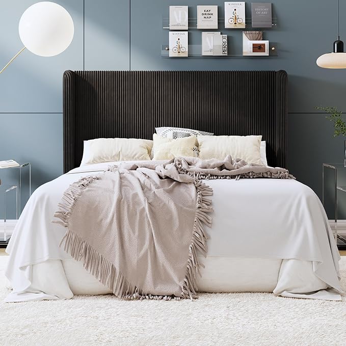 SHA CERLIN Queen Size Corduroy Upholstered Platform Bed Frame with Vertical Channel Tufted Wingback Headboard, 8" Under Bed Storage, Wooden Slats & Metal Frame Support, Easy Assembly, Black