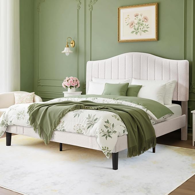 VECELO Queen Size Bed Frame Upholstered Platform Beds with Height-Adjustable Teddy Fabric Headboard, Strong Wood Slats 7.9'' Under Bed Storage Space Noise-Free No Box Spring Needed, Beige