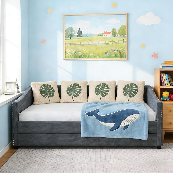 Upholstered Daybed with Trundle, Twin Size Day Bed w/Button-Tufted Back and Piping on Waved-Shape Arms for Bedroom or Guest Room, No Box Spring Required, Dark Gray