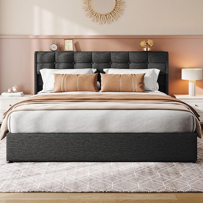Lift Up King Size Bed Frame with Storage, Upholstered King Bed Frame with Wingback Headboard, No Box Spring Needed, Easy Assembly - Dark Grey
