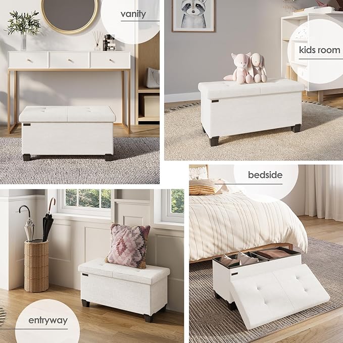 Storage Ottoman Bench with Bins, 30-in Storage Bench for Bedroom End of Bed, Folding Foot Rest Ottoman for Living Room Max 660lbs, Fabric Ottomans, Beige