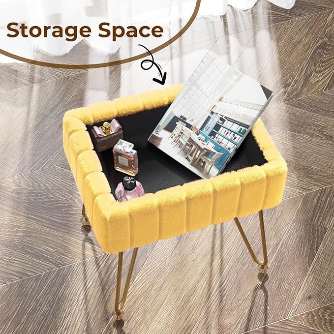 Greenstell Vanity Stool Chair Faux Fur with Storage, 15.7"L x 11.8"W x 19.4"H Soft Ottoman 4 Metal Legs with Anti-Slip Feet, Furry Padded Seat, Modern Multifunctional Chairs for Makeup, Bedroom,Yellow