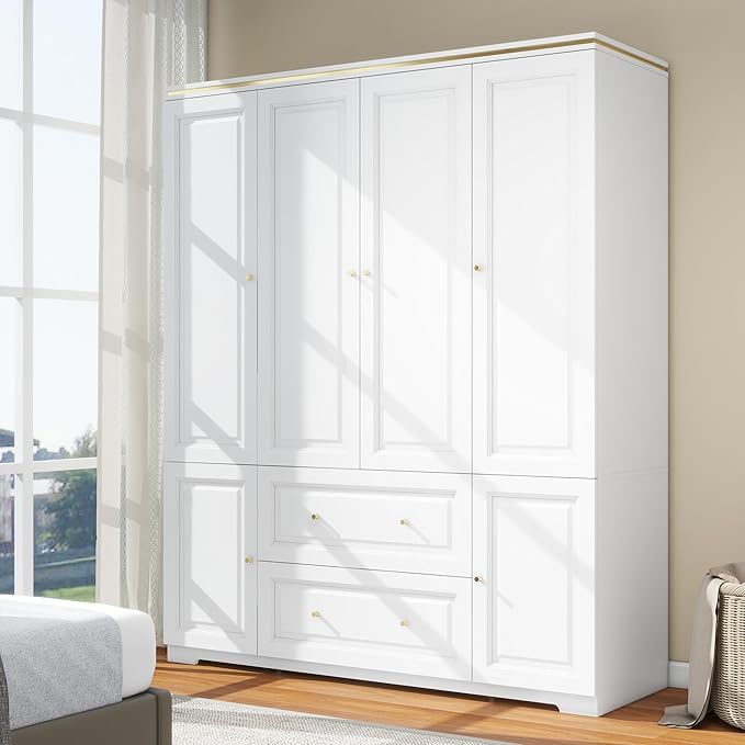 Bedroom Armoires Wardrobe Closet with 4 Doors, 74" White Wardrobe Cabinet with 2 Drawers, Wooden Wardrobes Closet for Hanging Clothes, Large Wardrobes Closets