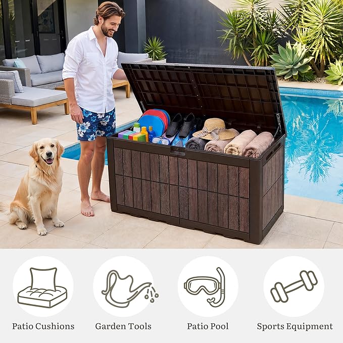 YITAHOME 134 Gallon Large Deck Box, Waterproof Resin Outdoor Storage Box with Lock, Doubles as Bench Seating for Patio Furniture Cushion, Garden Tools &Pool Accessories, Dark Brown & Wood-Grain Brown