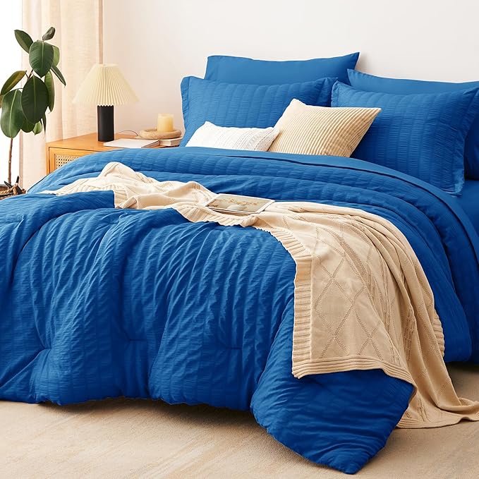 CozyLux King Size Comforter Set Classic Blue Seersucker 7 Pieces Bed in a Bag King Comforter Set with Sheets, Luxury Bedding Set with Down Alternative Comforter, Sheets, Pillowcases & Shams All Season