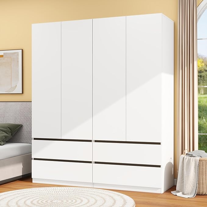 White Wardrobe Closet with Doors: 75" Large Capacity Bedroom Armoire, Wooden Cabinet with 4 Drawers, Hanging Storage Shelves with Hanging Rod (Contemporary, 2)